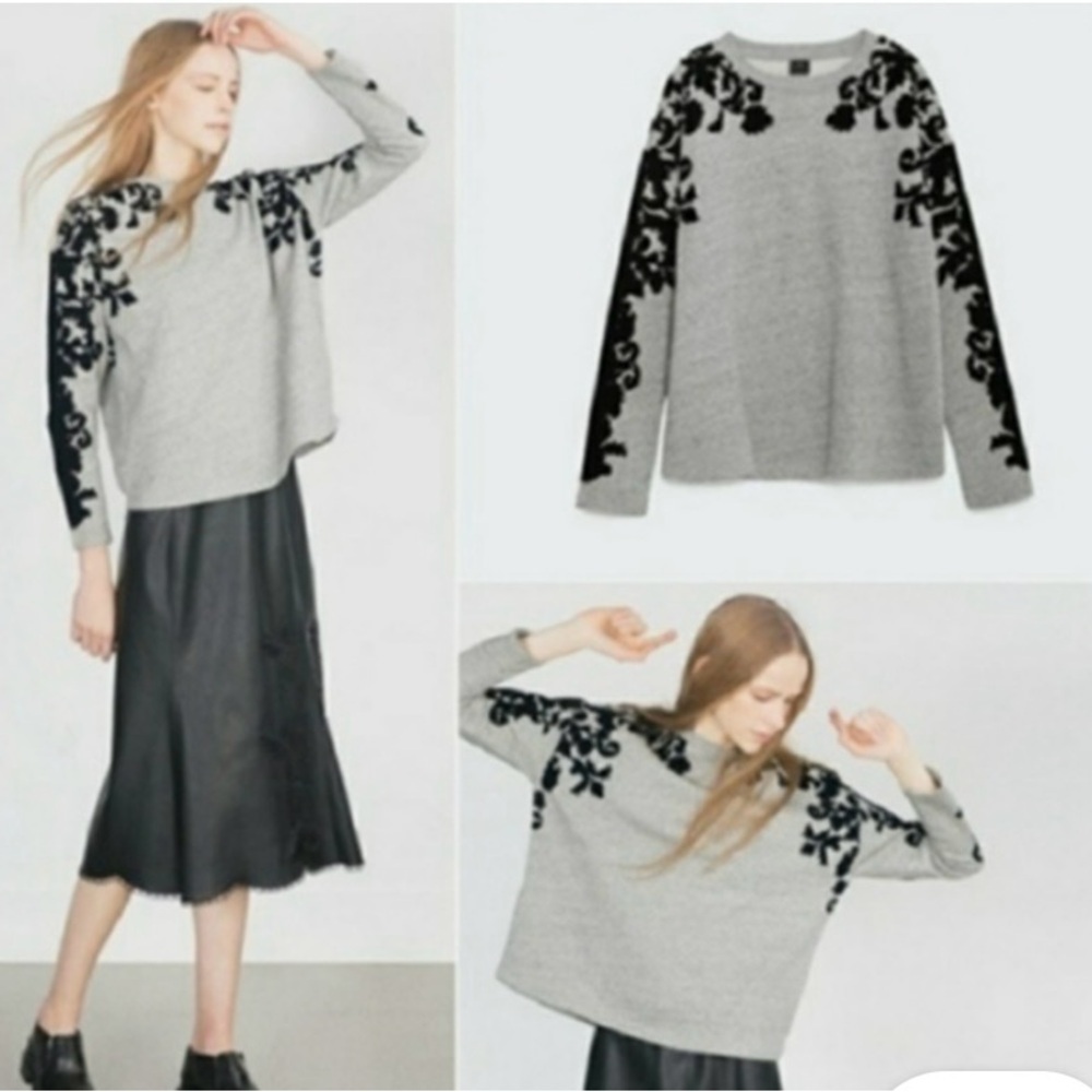 Zara women's long sleeves sweatshirt grey & black floral velvet detail Size L